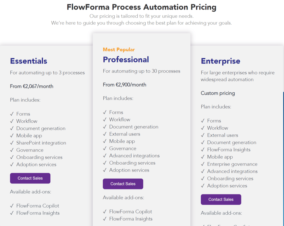 Screenshot of FlowForma’s pricing page
