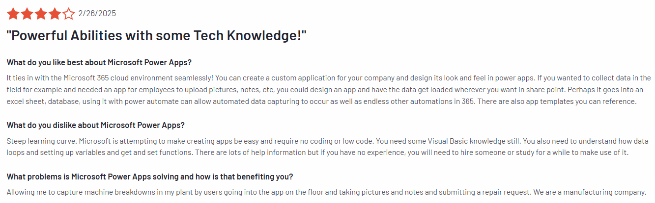 Screenshot of a verified G2 review for PowerApps