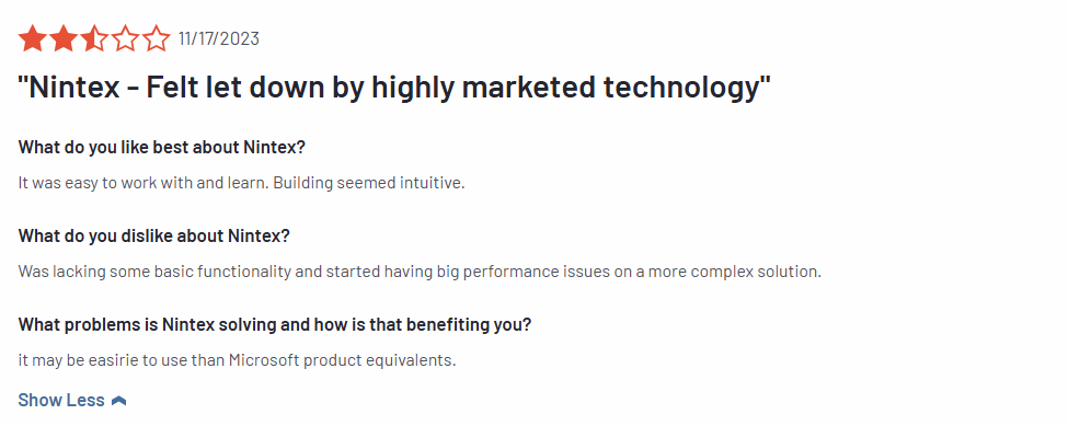 A screenshot of a verified G2 review for Nintex