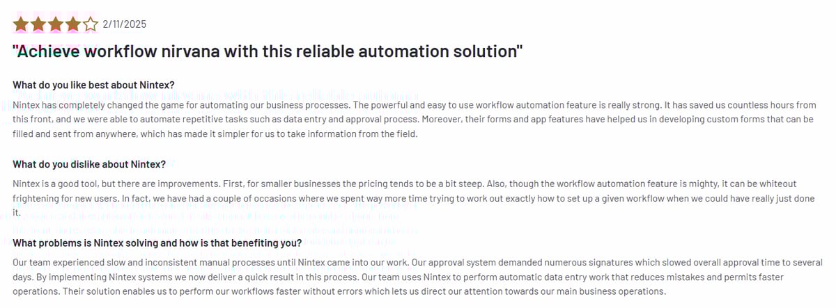 A screenshot of a verified G2 review for Nintex