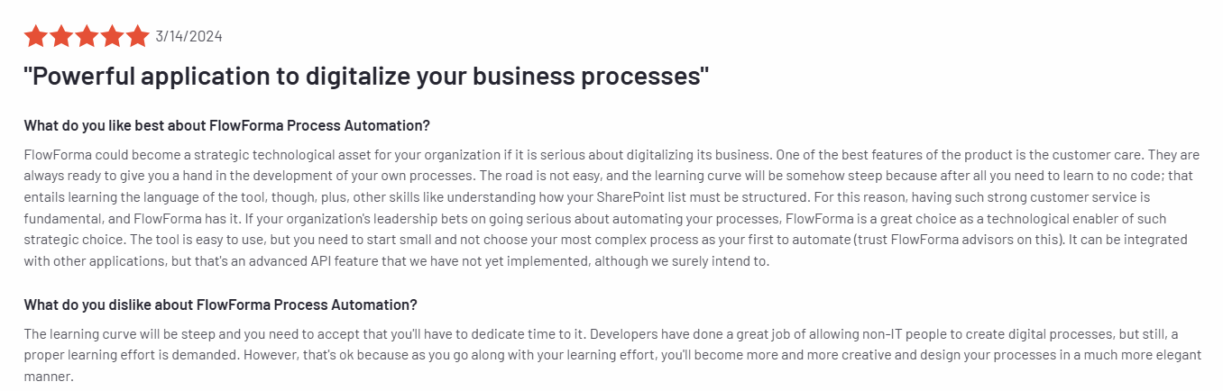  A screenshot of a verified G2 review for FlowForma