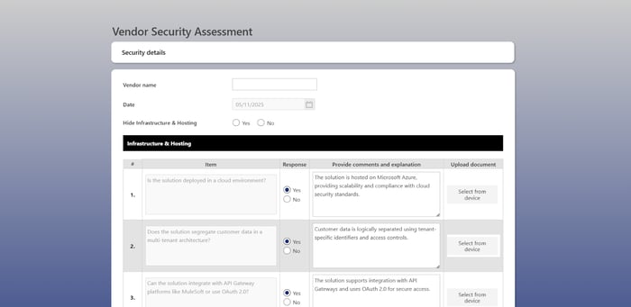 Screenshot of FlowAssure’s automated vendor security assessment form.