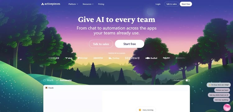 Screenshot of Activepieces homepage