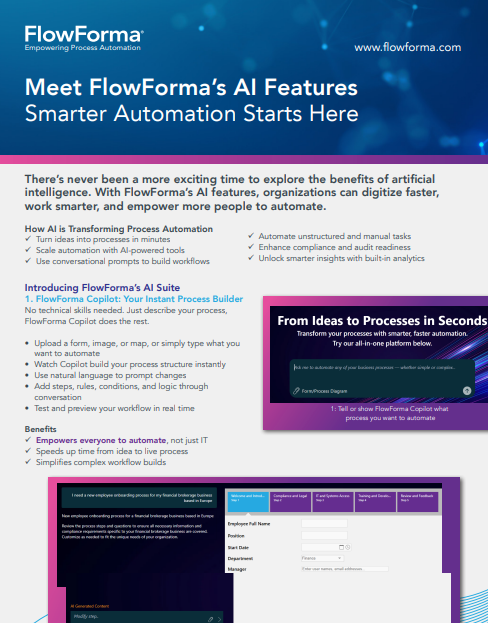 Cover of the FlowForma AI features brochure: Meet FlowForma's AI Features, Smarter Automation Starts Here