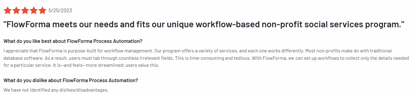 A screenshot of a verified G2 review for FlowForma