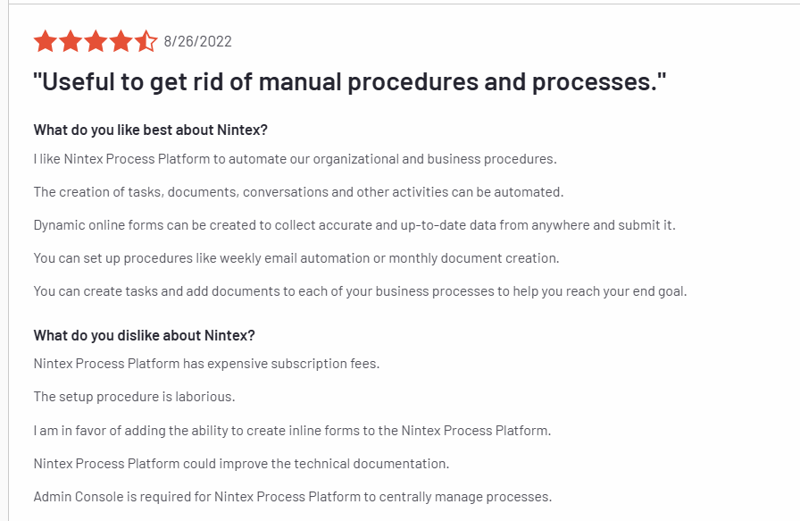 A screenshot of a verified G2 review for Nintex