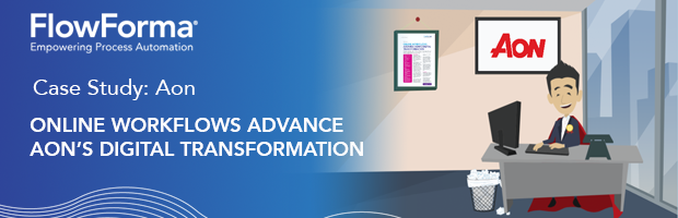 Case study summary highlighting how Aon used FlowForma Process Automation to improve efficiency