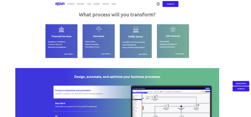 Appian homepage targeting digital process automation for finance, insurance, public sector, and life sciences.