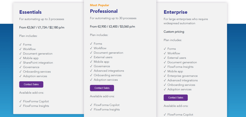 FlowForma’s pricing page