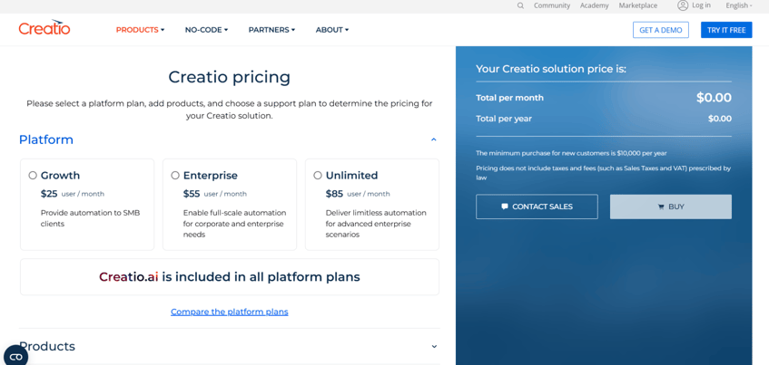 Creatio’s pricing page