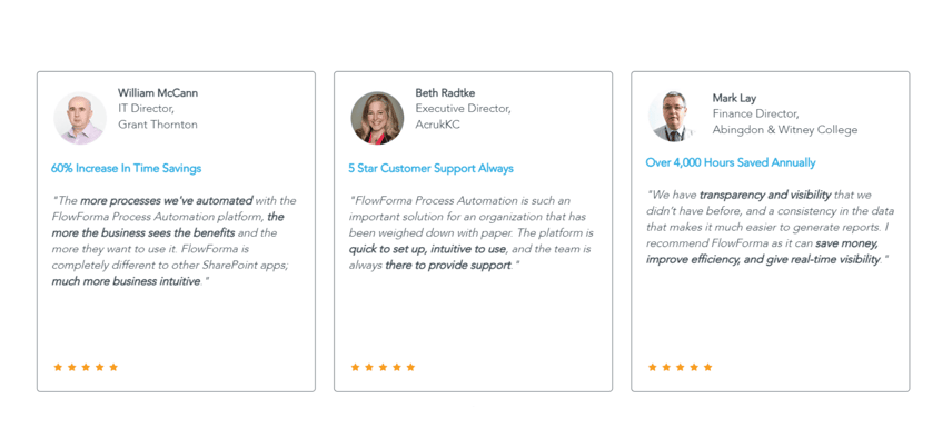 A screenshot of user testimonials from FlowForma’s page