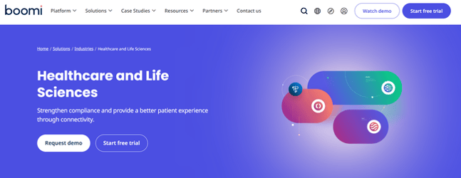 Image shown: Screenshot of Boomi’s healthcare and life sciences page