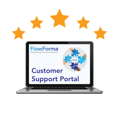 Laptop showing the FlowForma Customer Support Portal, with five stars above it