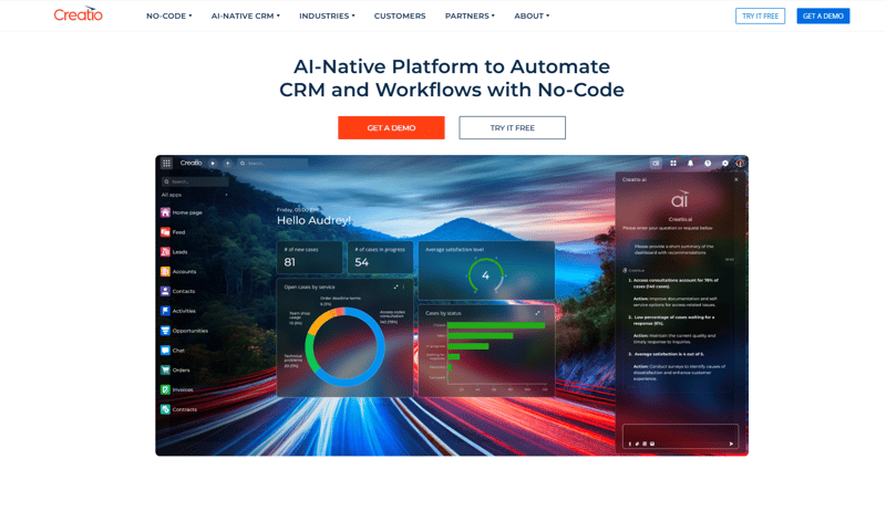 Screenshot of Creatio homepage promoting AI-native CRM and no-code automation tools with dashboard and Creatio.ai assistant visible.