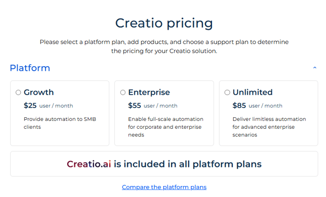 Screenshot of Creatio pricing options 