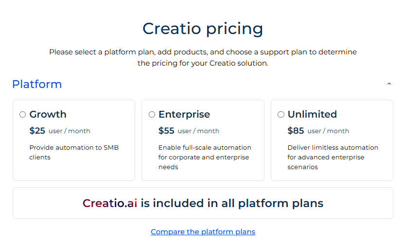 Screenshot of Creatio pricing with Growth, Enterprise, and Unlimited plans.