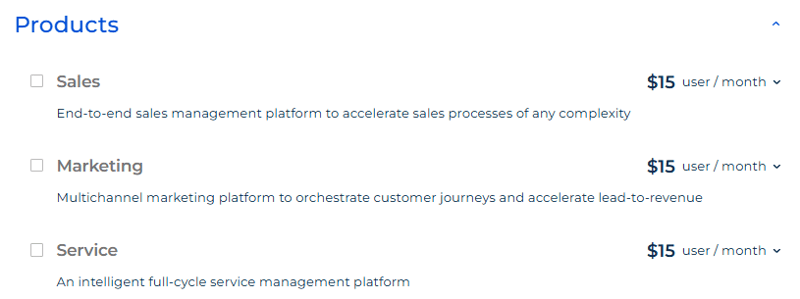 Creatio add-on modules including Sales, Marketing, and Service priced at $15 per user per month each.