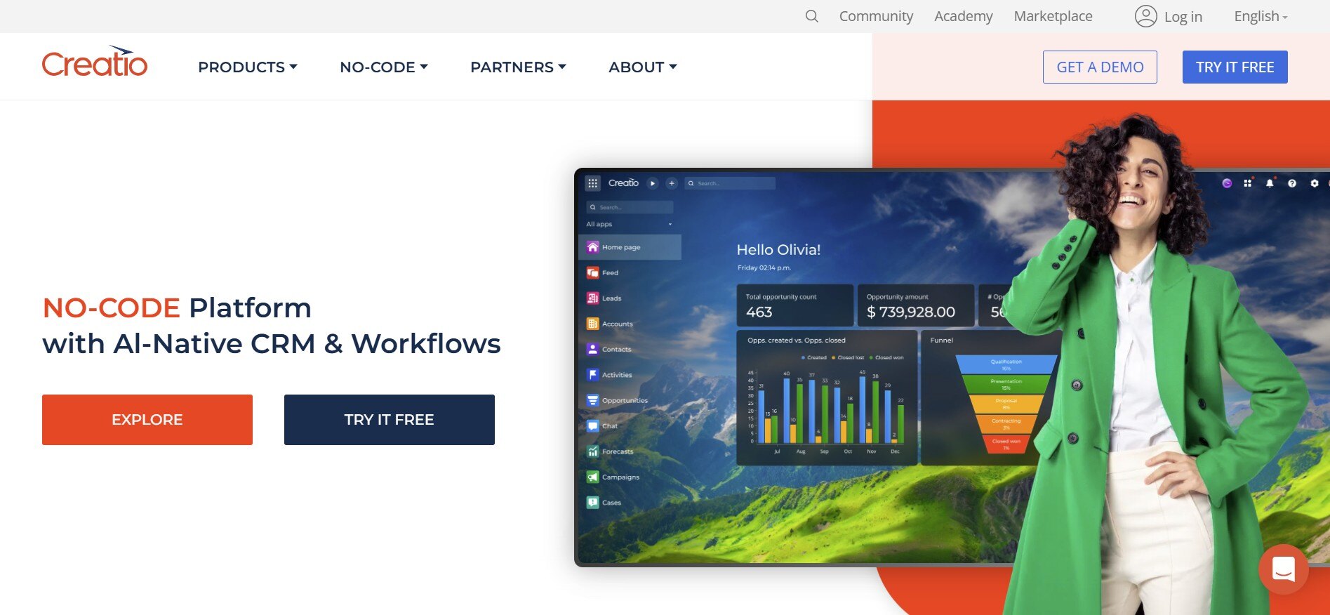 Screenshot of Creatio’s automation platform, displaying CRM analytics, workflow, and AI automation.
