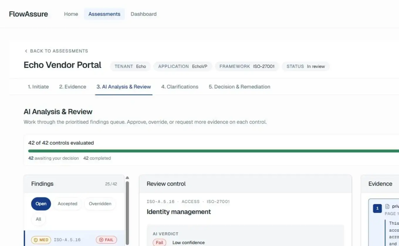 FlowForma Assure AI analysis and review of a vendor assessment against ISO 27001