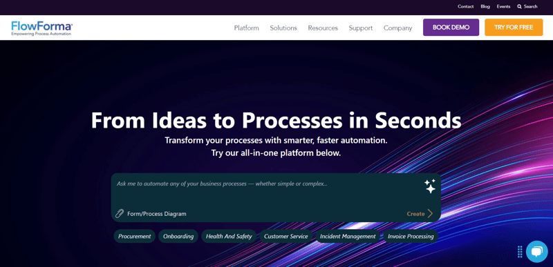 FlowForma homepage highlighting AI-powered automation, Copilot assistant, and intuitive process design.