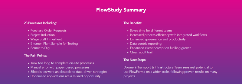 FlowForma case study showing process improvements, pain points, benefits, and next steps from Downer’s implementation.