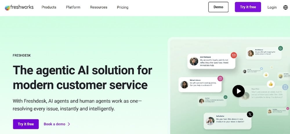 Screenshot of Freshdesk’s homepage