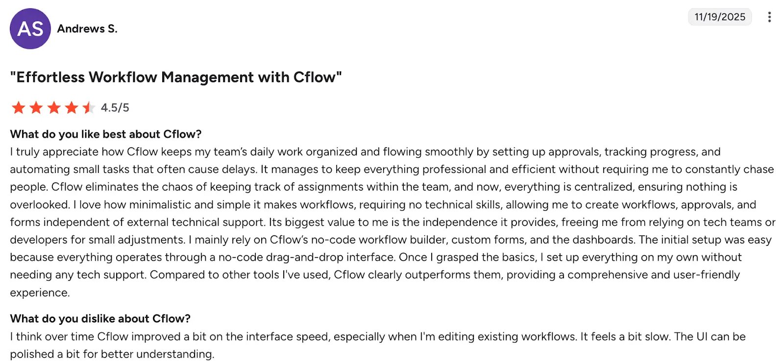 G2 review from Andrews S. of Cflow