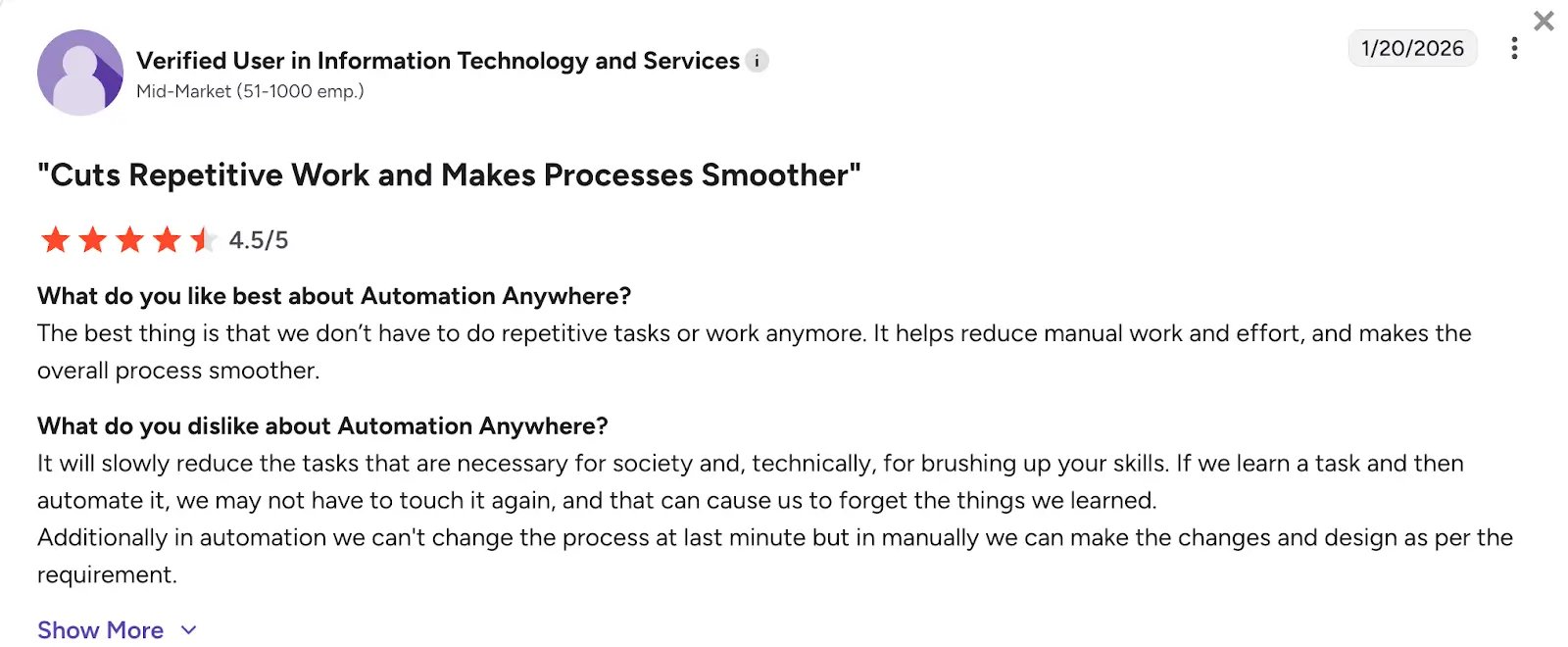 G2 review from mid-market customer of Automation Anywhere-1