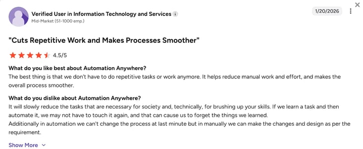 G2 review from mid-market customer of Automation Anywhere-1