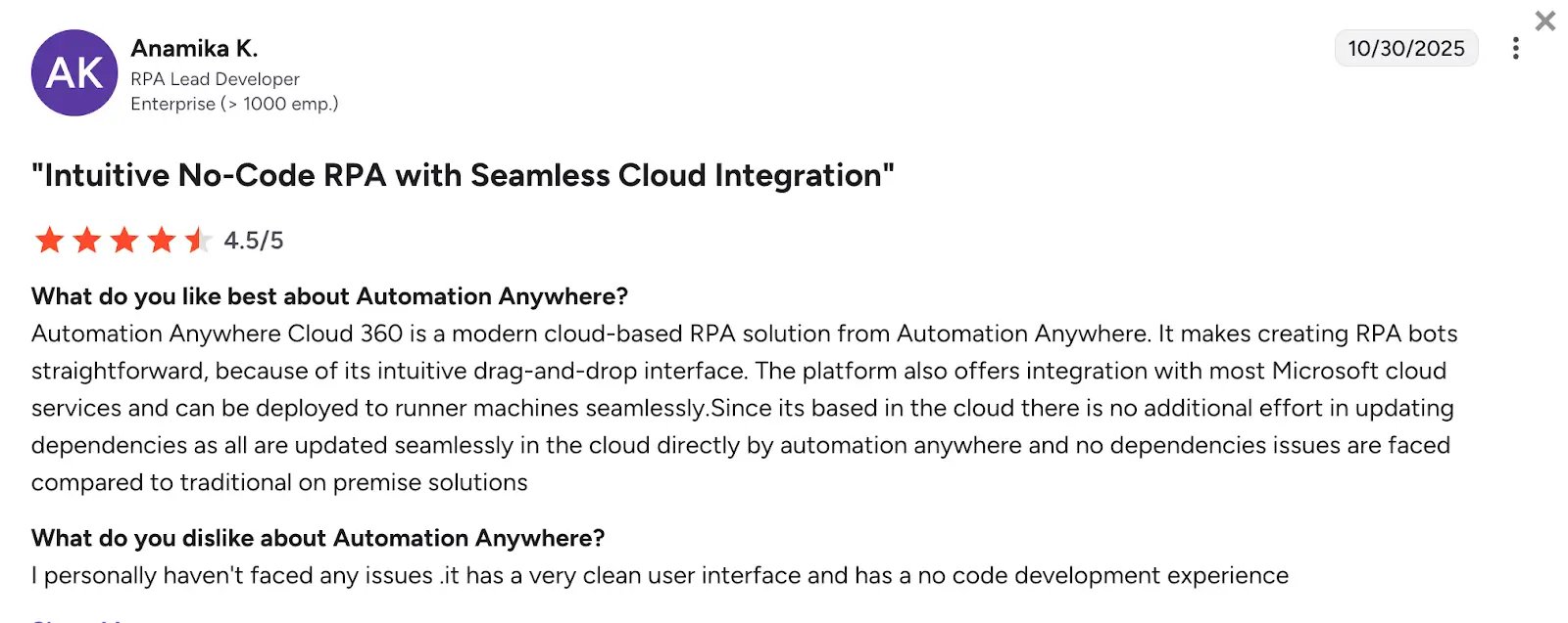 G2 review of Automation Anywhere by Anamika