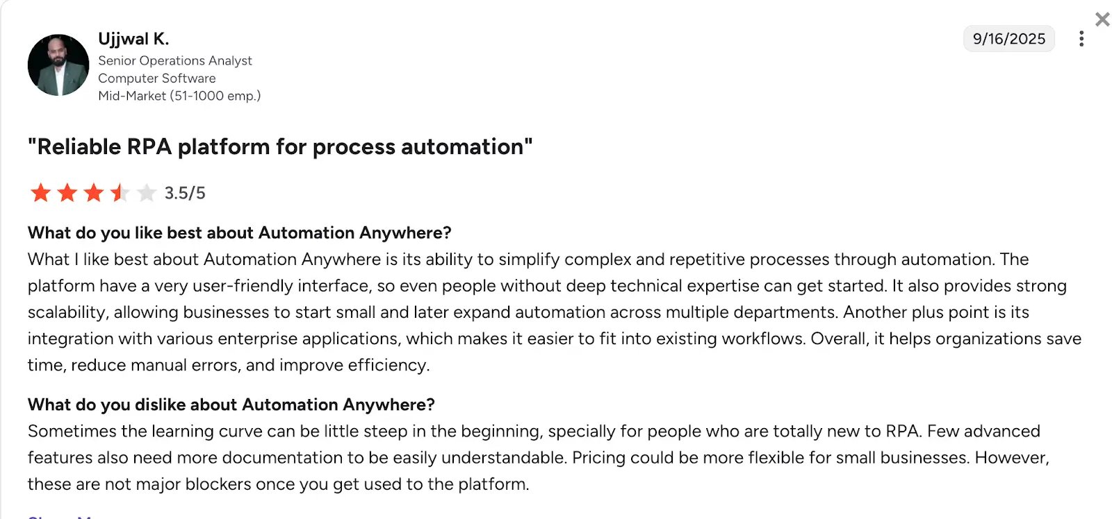 G2 review of Automation Anywhere by Ujjwal K