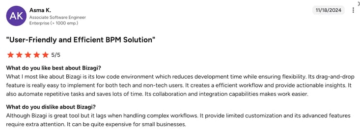 G2 review of Bizagi by Asma K