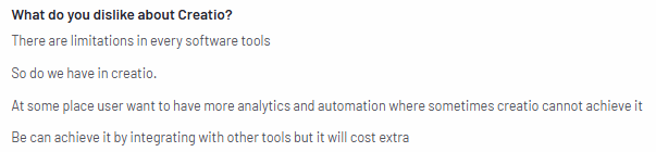 Screenshot of Creatio review highlighting extra cost for third-party integrations.
