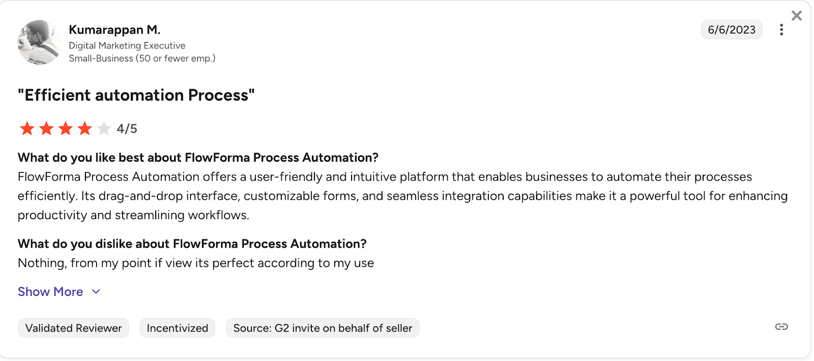 G2 review of FlowForma by Kumarappan