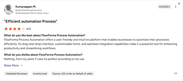 G2 review of FlowForma by Kumarappan