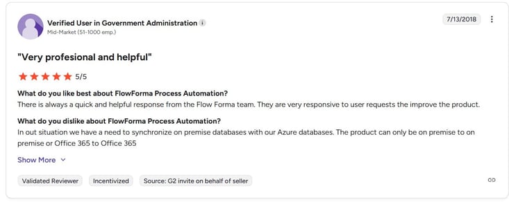 G2 review of FlowForma by government admin customer