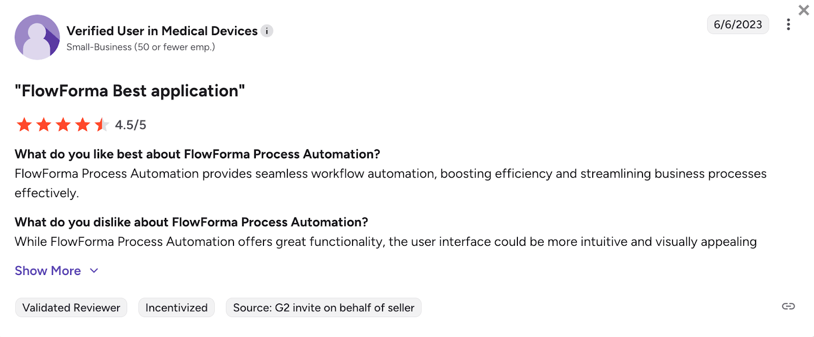 G2 review of FlowForma by medical device company