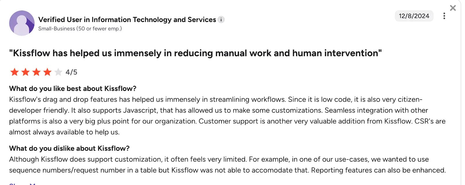 G2 review of Kissflow from small business customer