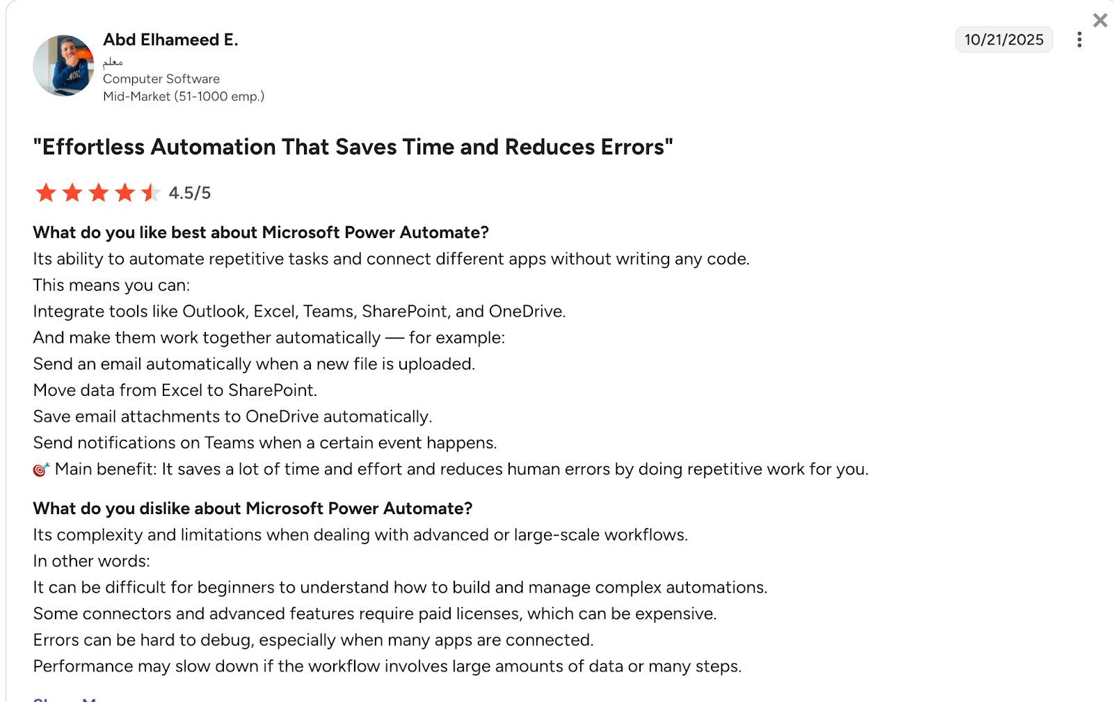 G2 review of Power Automate by Ebd Elhameed