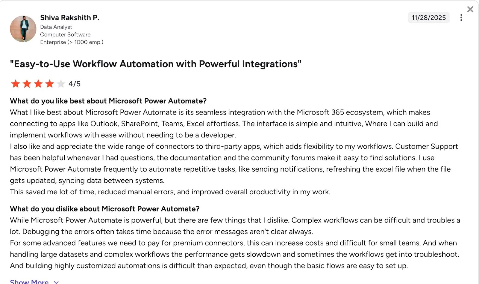 G2 review of Power Automate by Shiva Rakshith
