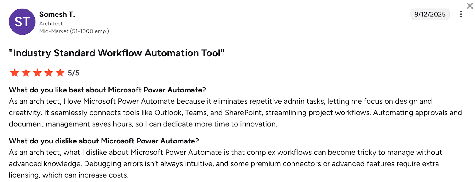 G2 review of Power Automate by Somesh T.