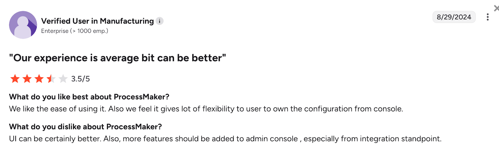 G2 review of Process Maker from Manufacturing Cusomer