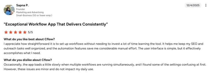 G2 review of cFlow from Sapna P