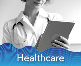 Healthcare blue wave font at bottom copy