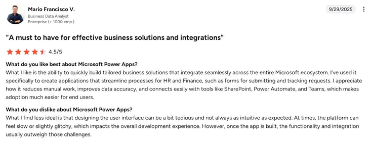 Image of G2 Review of Power Apps from Mario V