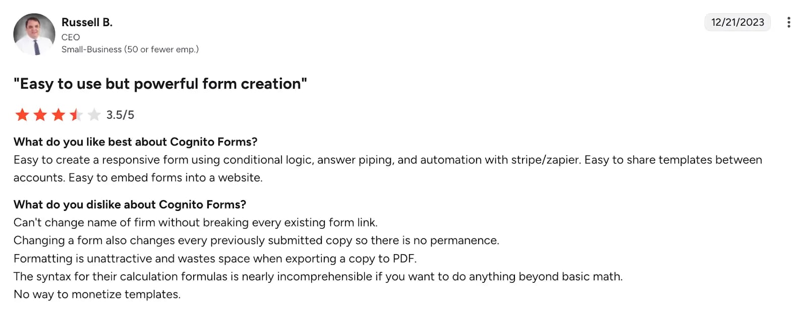Image of G2 review of Cognito Forms by Russell B