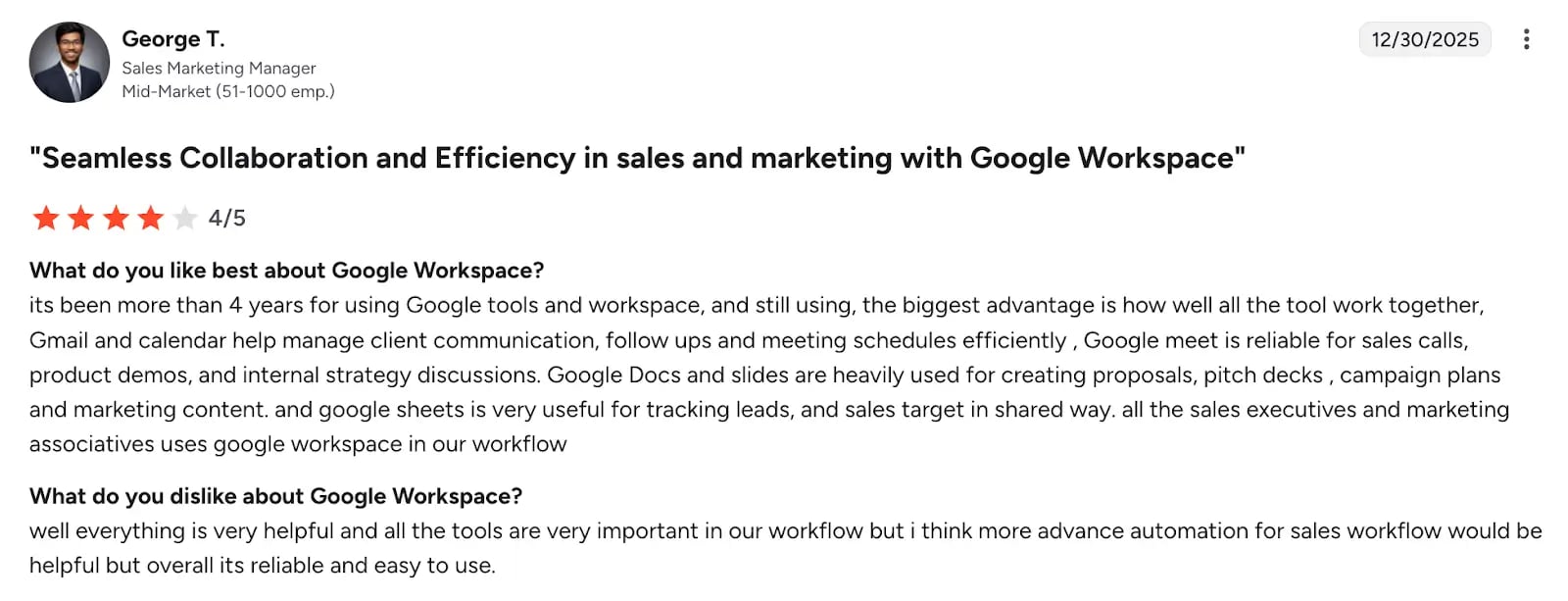 Image of G2 review of Google Forms by George T