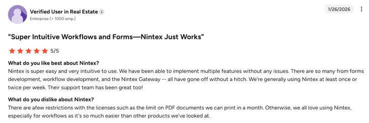 Image of G2 review of Nintex from real estate customer
