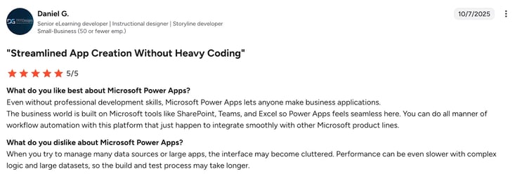 Image of G2 review of Power Apps from Daniel G