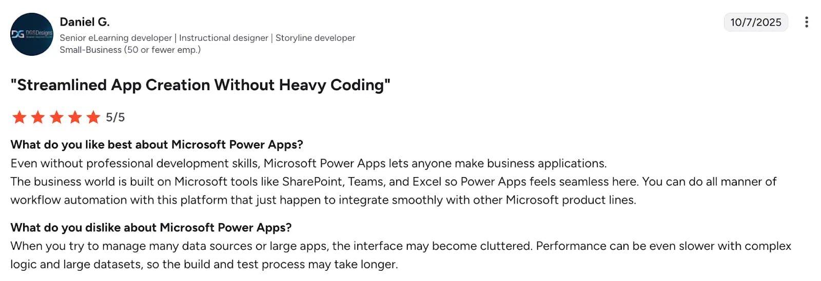 Image of G2 review of Power Apps from Daniel G